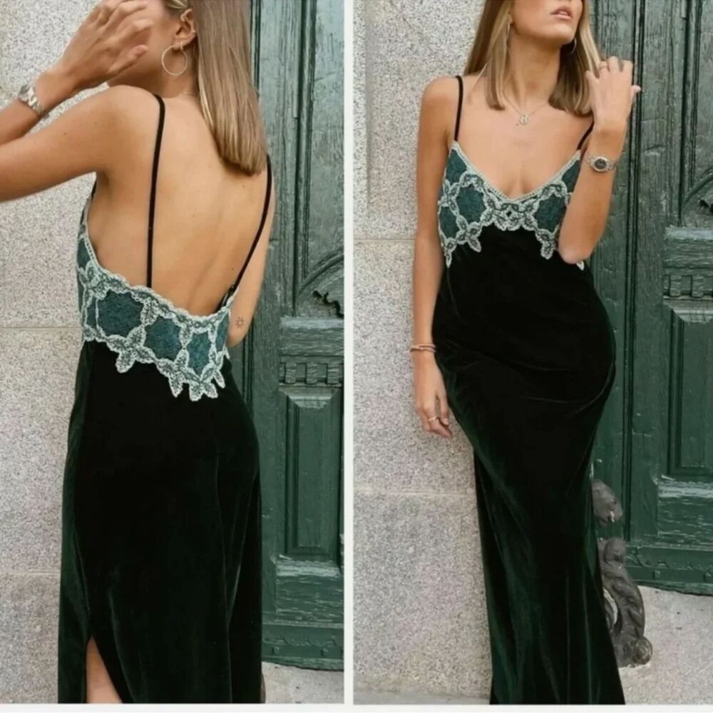 NWT Zara Emerald Green Velvet Boho Crochet Maxi Dress Size Small